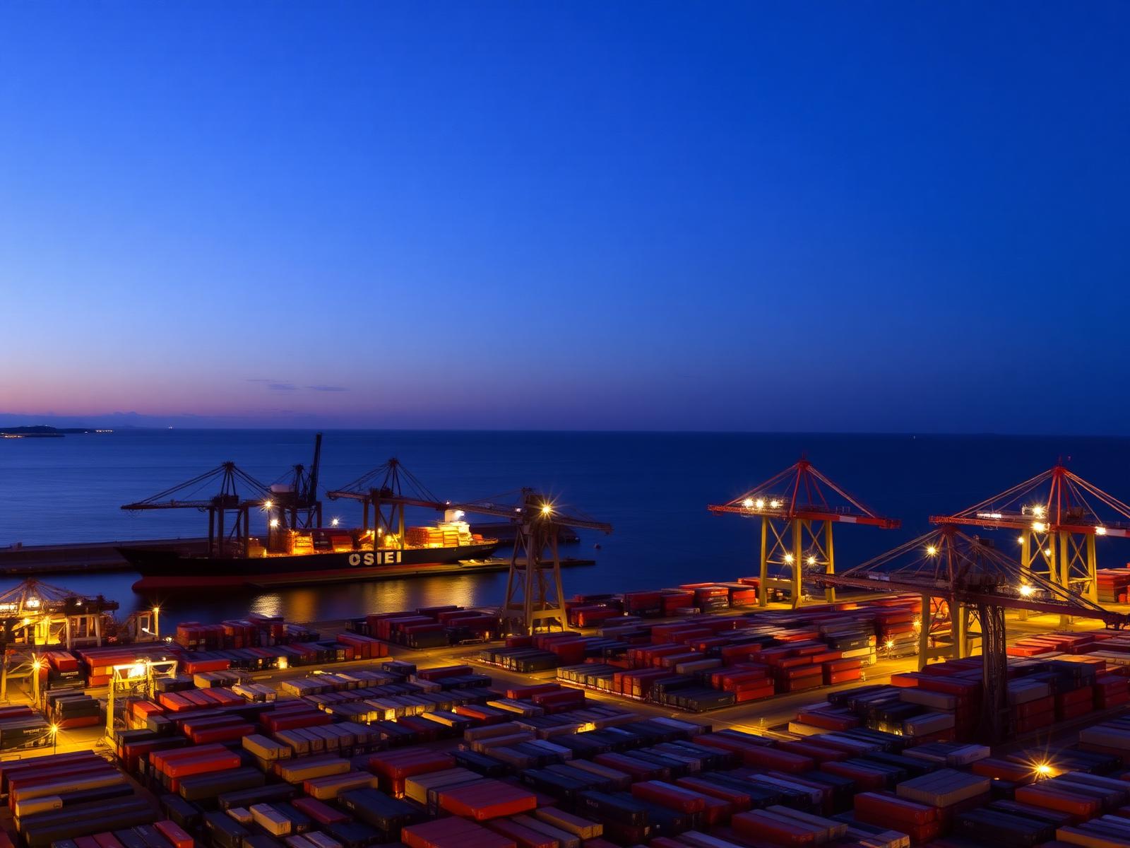 International shipping port at dusk